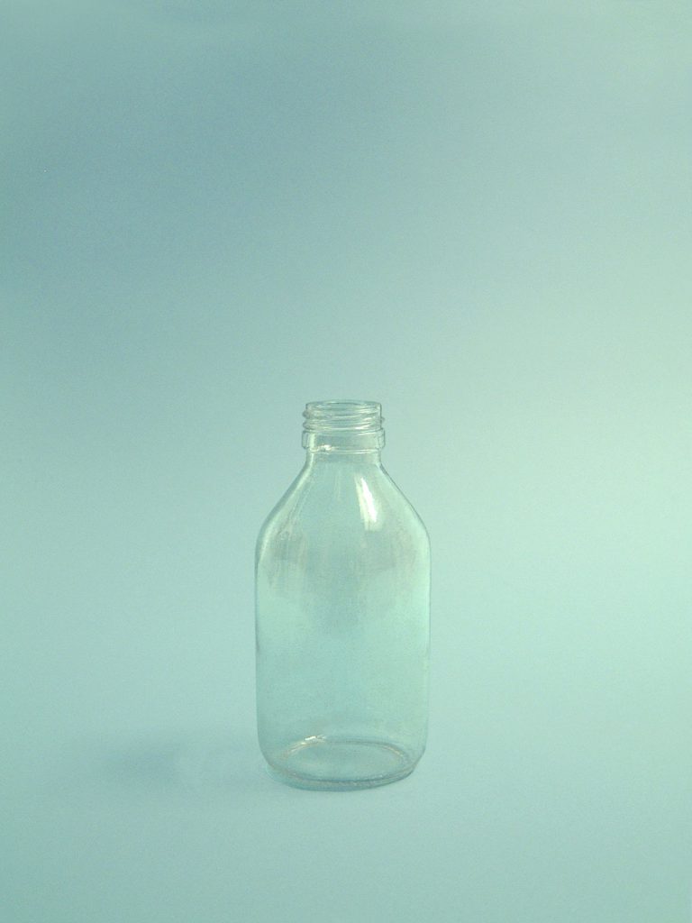 Medicijnfles suikerglas, 200 ml, blank glas, 13 x ø 5 cm.