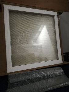 Film glass - sugar glass pane / window of 50 x 50 Centimeters. Made from transparent sugar glass.